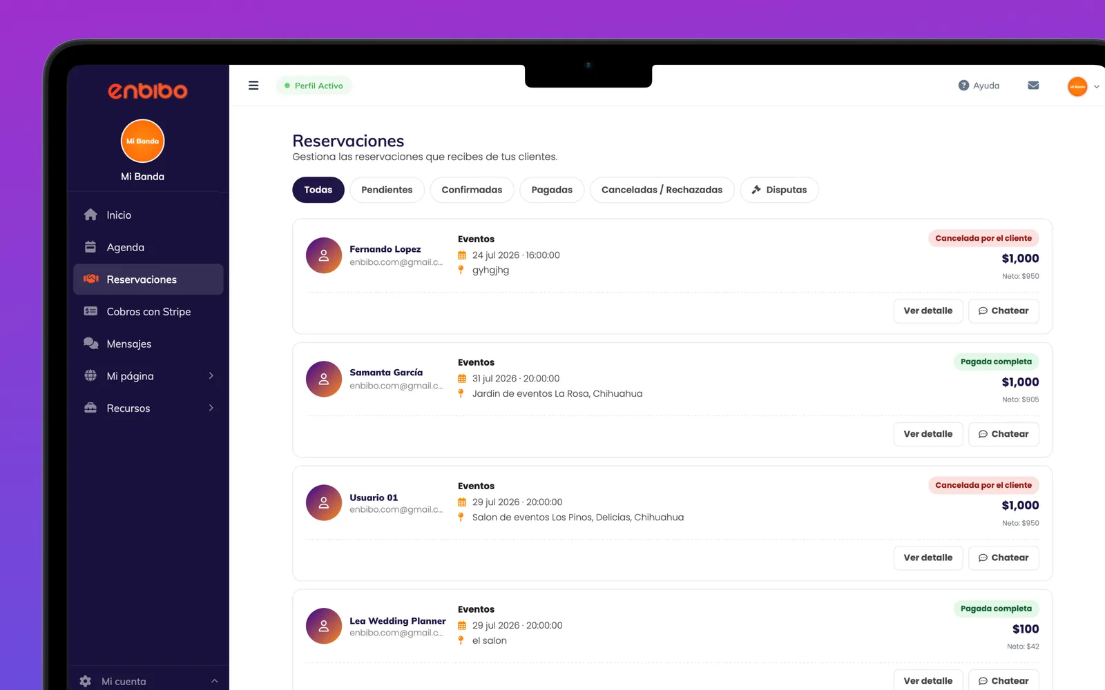 Dashboard de Enbibo — pantalla de Reservaciones con solicitudes, aceptación o cancelación, fechas, detalles y pagos de cada evento