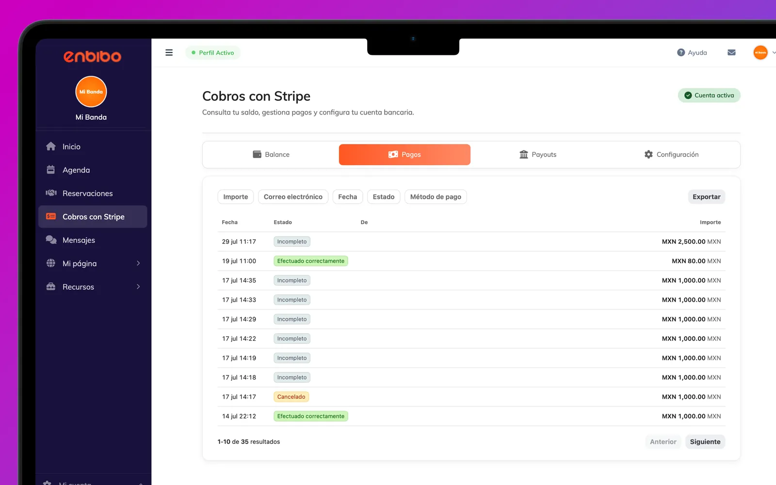 Dashboard de Enbibo — pantalla de Cobros con activación y administración de Stripe, pagos y depósitos de reservaciones