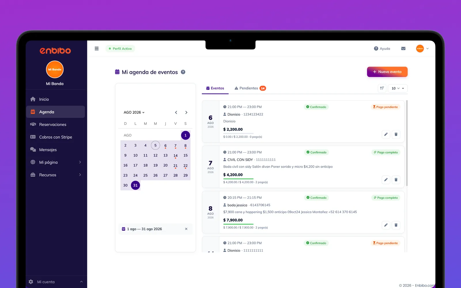 Dashboard de Enbibo — pantalla de Agenda con calendario de fechas disponibles y ocupadas, y eventos reservados